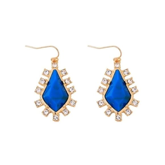 Blue Faceted Rhinestone Crystal Gold Statement Hook Dangle Earrings - Picture 1 of 6